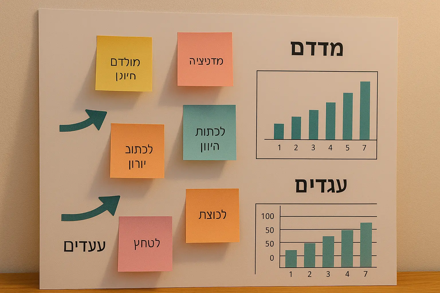 שולחן עבודה עם מחשב הפתוח, מסמך SMART על המסך, פתק עם הכיתוב "Tiny Habit" בעברית ועט לידו.