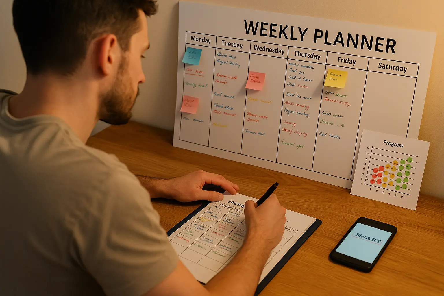 אדם יושב ליד שולחן, כותב בלוח תכנון שבועי; עט ביד, סימונים צבעוניים ומדד התקדמות לידו. אוירה רגוע...